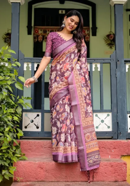 Purple Colour Pure Linen Saree With Tassels