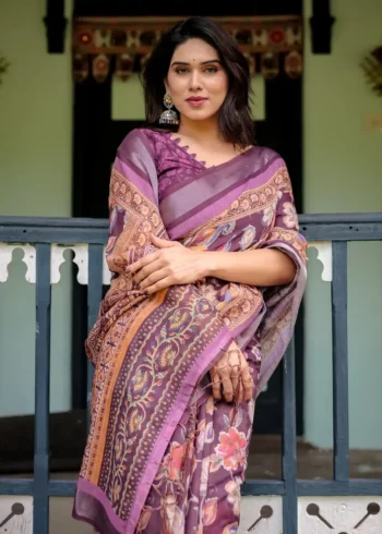Purple Colour Pure Linen Saree With Tassels