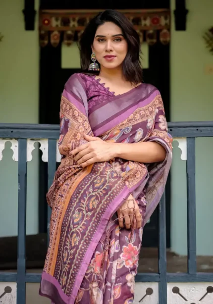 Purple Colour Pure Linen Saree With Tassels