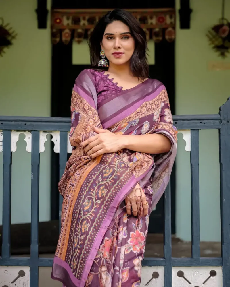 Purple Colour Pure Linen Saree With Tassels