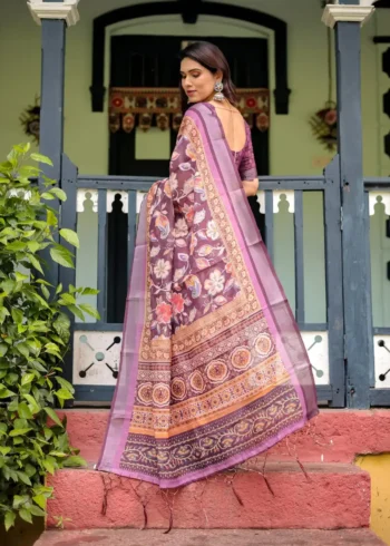 Purple Colour Pure Linen Saree With Tassels