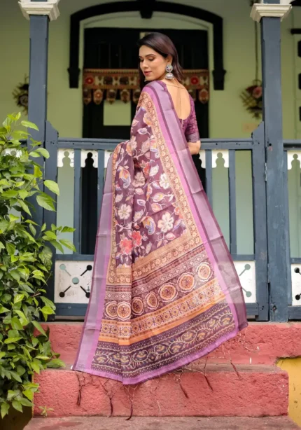 Purple Colour Pure Linen Saree With Tassels