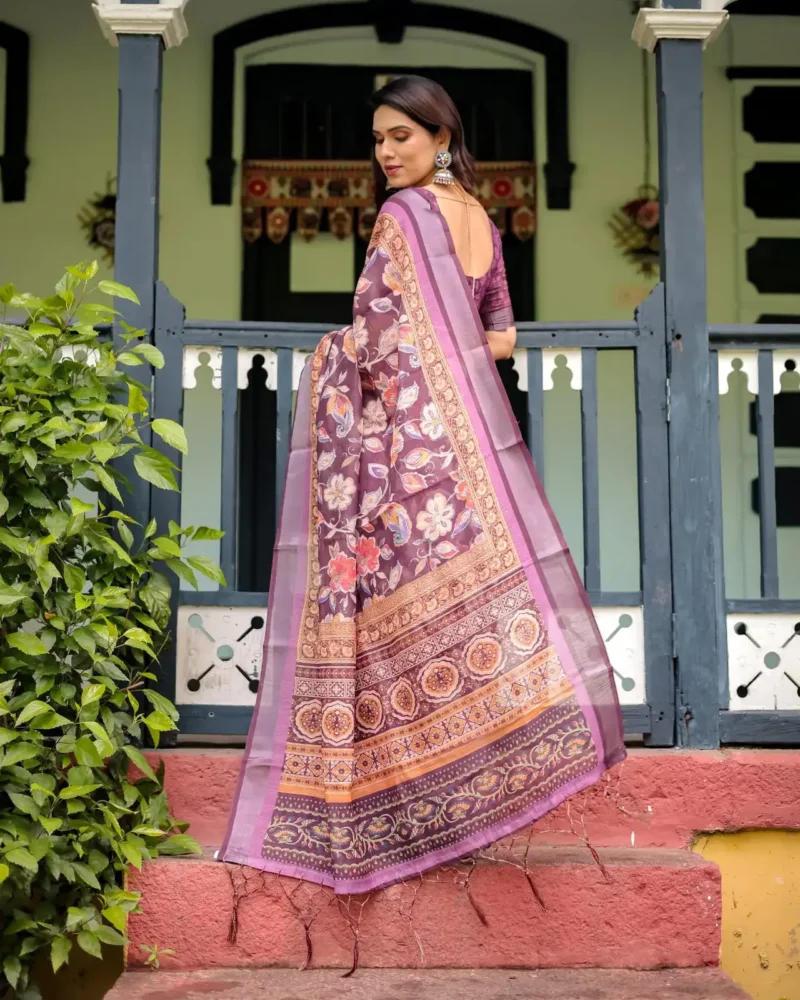Purple Colour Pure Linen Saree With Tassels