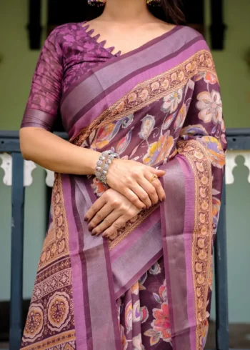 Purple Colour Pure Linen Saree With Tassels