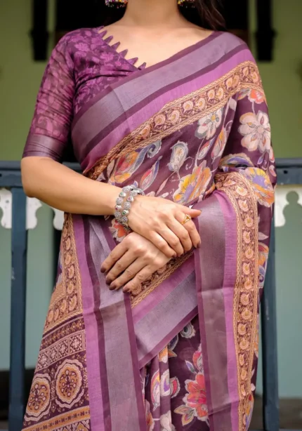 Purple Colour Pure Linen Saree With Tassels