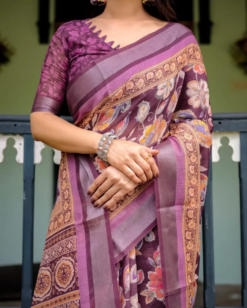 Purple Colour Pure Linen Saree With Tassels