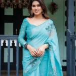 Refreshing Sky Blue Floral Printed Linen Saree