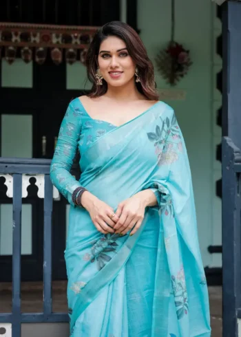 Refreshing Sky Blue Floral Printed Linen Saree