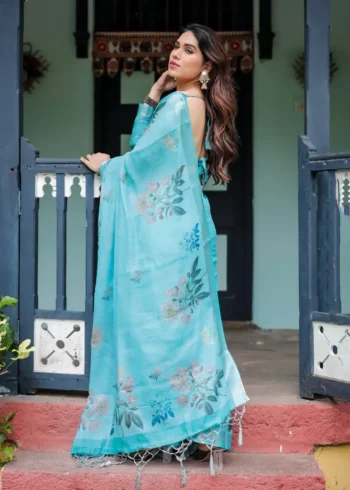 Refreshing Sky Blue Floral Printed Linen Saree