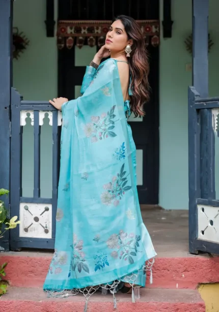 Refreshing Sky Blue Floral Printed Linen Saree