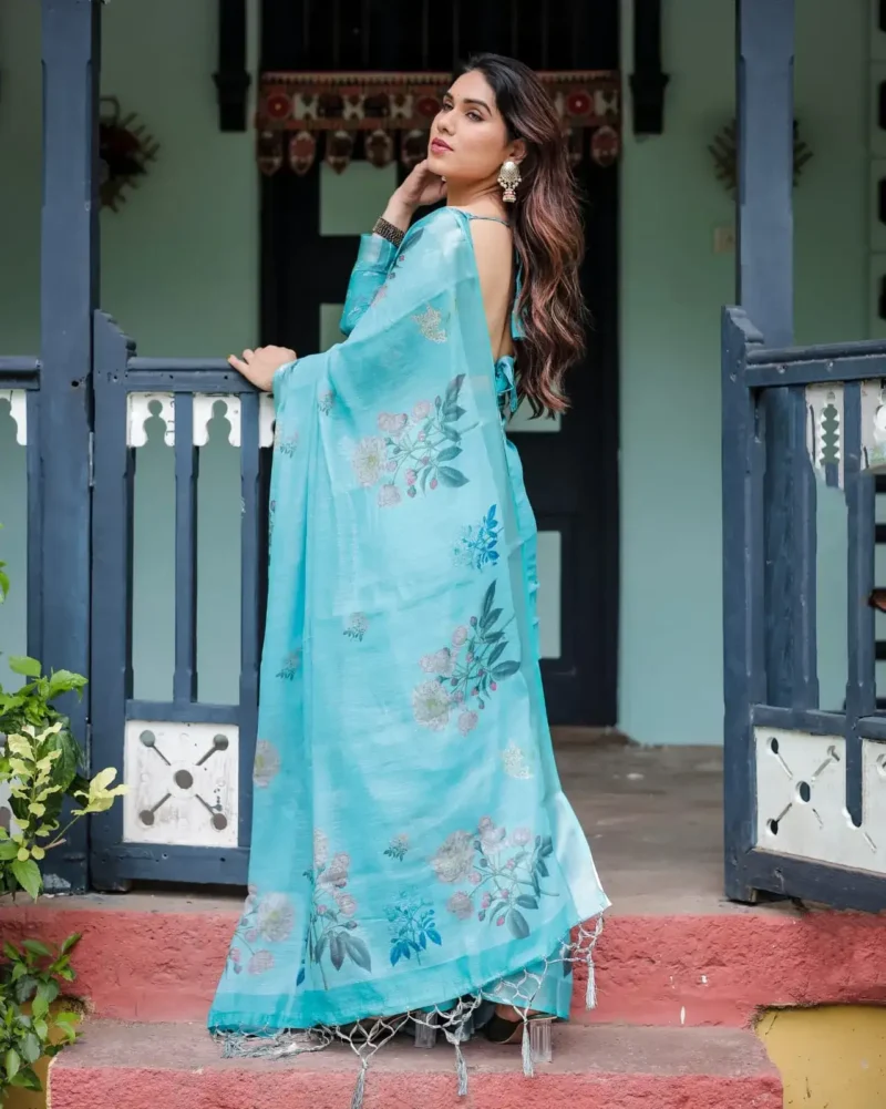 Refreshing Sky Blue Floral Printed Linen Saree