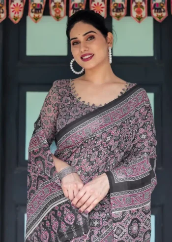 Rich Black Base With Pink White Ajrakh Prints Linen Saree