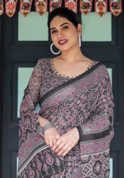 Rich Black Base With Pink White Ajrakh Prints Linen Saree