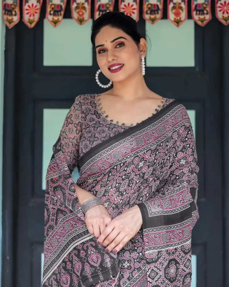 Rich Black Base With Pink White Ajrakh Prints Linen Saree