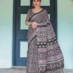 Rich Black Base With Pink White Ajrakh Prints Linen Saree