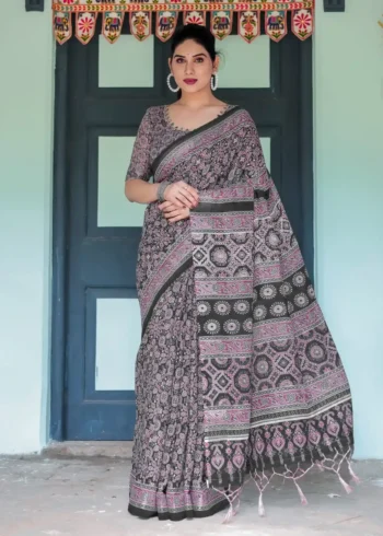 Rich Black Base With Pink White Ajrakh Prints Linen Saree