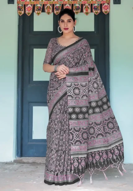 Rich Black Base With Pink White Ajrakh Prints Linen Saree