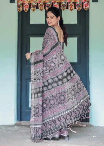 Rich Black Base With Pink White Ajrakh Prints Linen Saree