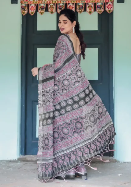 Rich Black Base With Pink White Ajrakh Prints Linen Saree