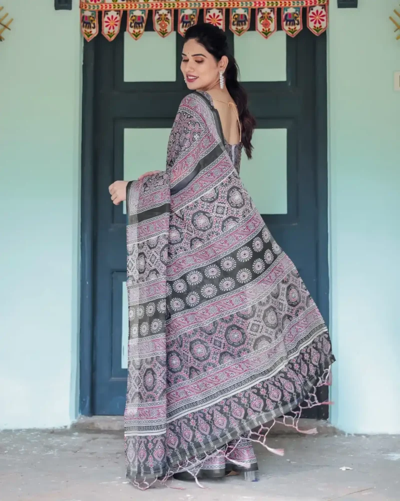 Rich Black Base With Pink White Ajrakh Prints Linen Saree