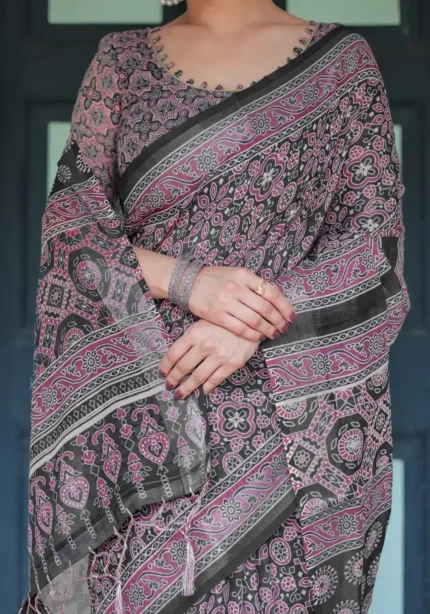 Rich Black Base With Pink White Ajrakh Prints Linen Saree