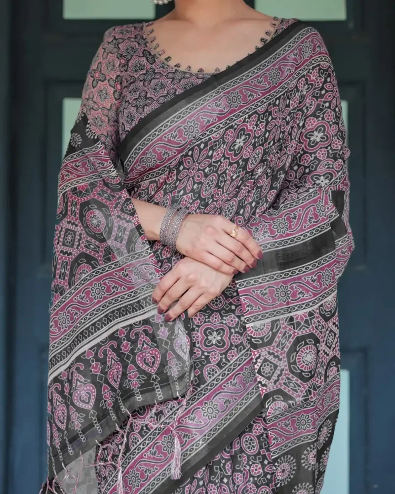 Rich Black Base With Pink White Ajrakh Prints Linen Saree