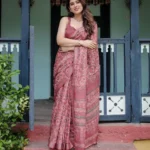 Rich Maroon Pure Linen Saree With Handblock Inspired Prints