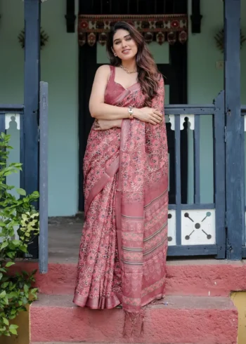 Rich Maroon Pure Linen Saree With Handblock Inspired Prints