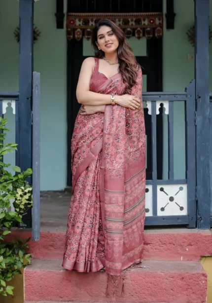 Rich Maroon Pure Linen Saree With Handblock Inspired Prints