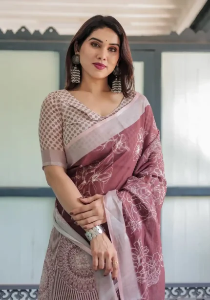 Rich Maroon With White Floral Printed Linen Saree