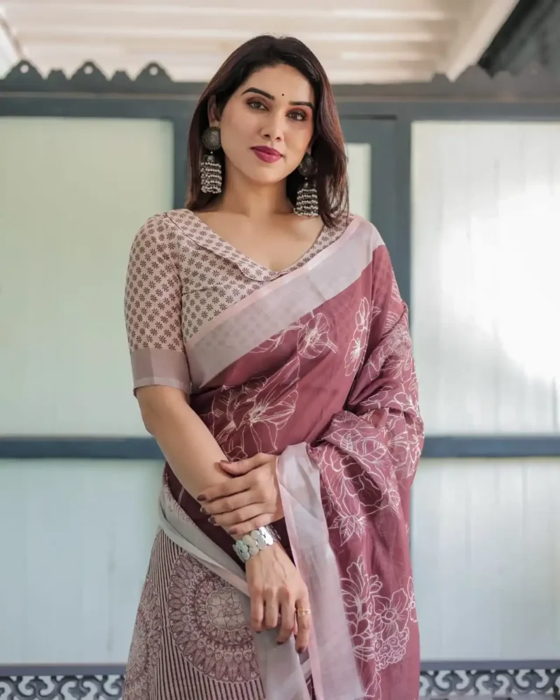 Rich Maroon With White Floral Printed Linen Saree