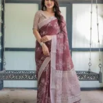 Rich Maroon With White Floral Printed Linen Saree