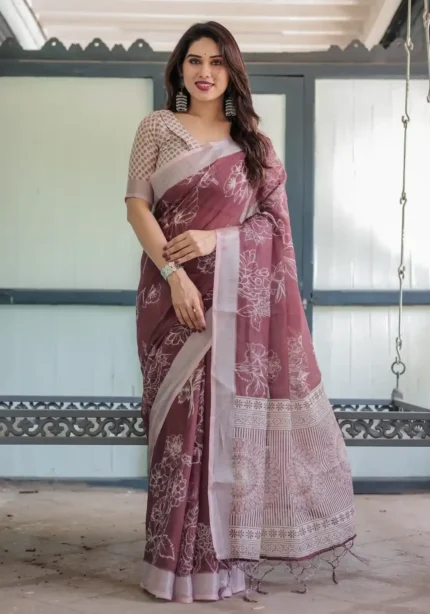 Rich Maroon With White Floral Printed Linen Saree