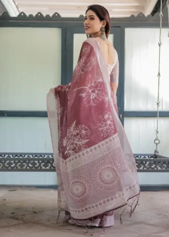 Rich Maroon With White Floral Printed Linen Saree