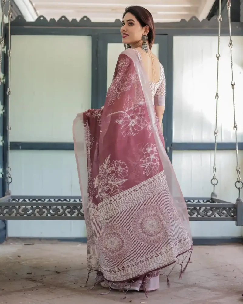 Rich Maroon With White Floral Printed Linen Saree