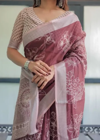 Rich Maroon With White Floral Printed Linen Saree