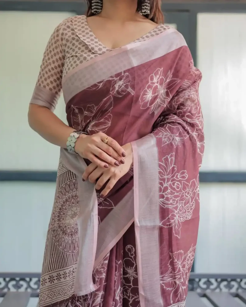 Rich Maroon With White Floral Printed Linen Saree