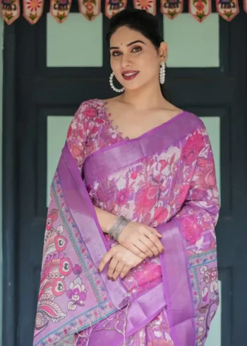 Rich Purple With Vibrant Pink White Floral Prints Linen Saree
