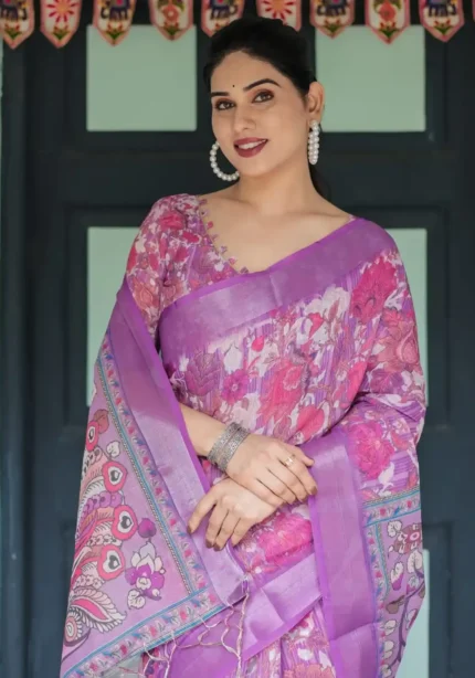 Rich Purple With Vibrant Pink White Floral Prints Linen Saree