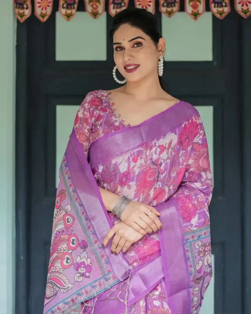 Rich Purple With Vibrant Pink White Floral Prints Linen Saree