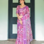 Rich Purple With Vibrant Pink White Floral Prints Linen Saree