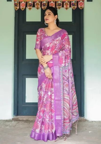 Rich Purple With Vibrant Pink White Floral Prints Linen Saree