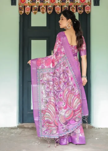Rich Purple With Vibrant Pink White Floral Prints Linen Saree