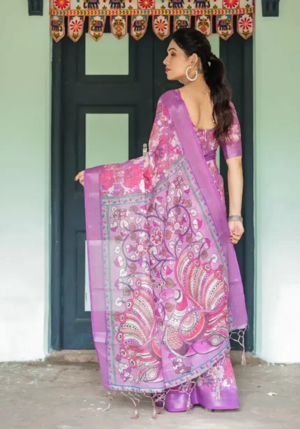 Rich Purple With Vibrant Pink White Floral Prints Linen Saree