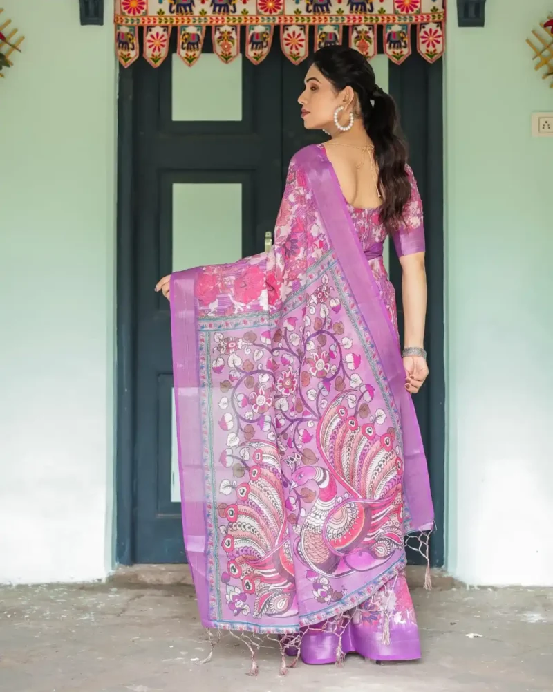 Rich Purple With Vibrant Pink White Floral Prints Linen Saree