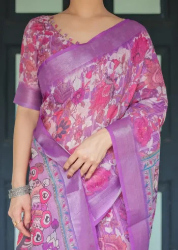 Rich Purple With Vibrant Pink White Floral Prints Linen Saree