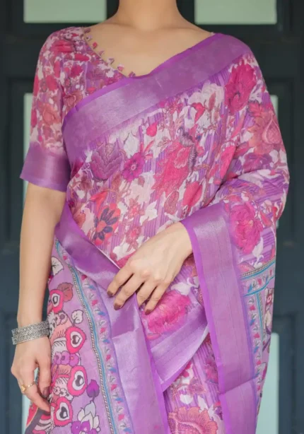 Rich Purple With Vibrant Pink White Floral Prints Linen Saree