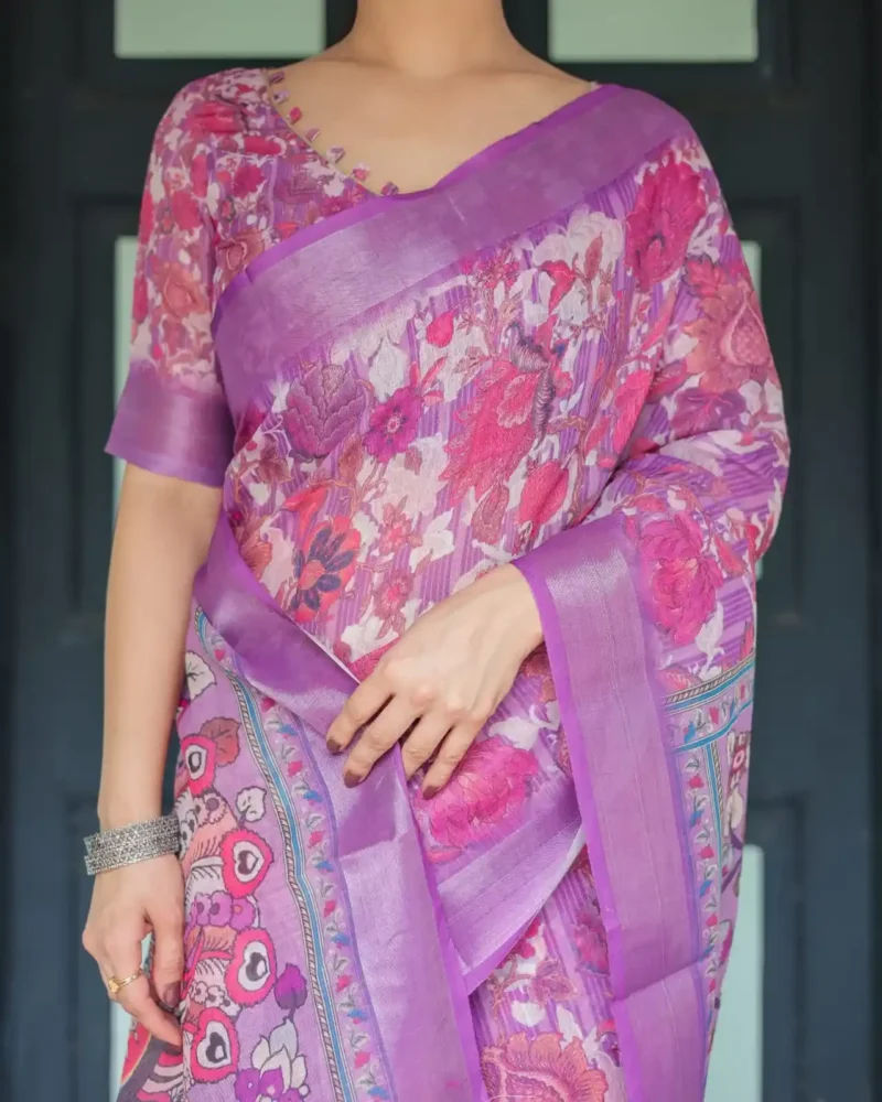 Rich Purple With Vibrant Pink White Floral Prints Linen Saree