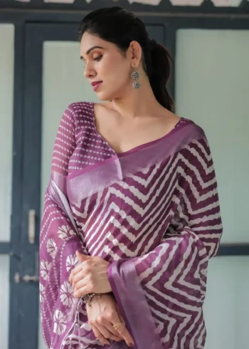 Rich Purple With White Chevron Floral Design Linen Saree