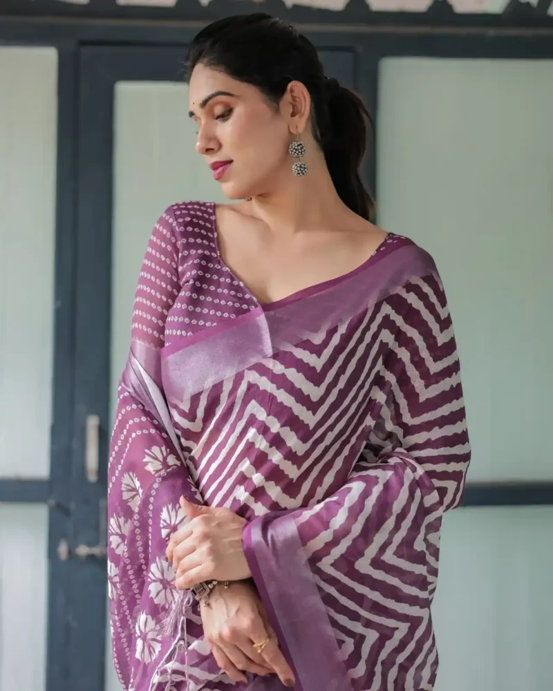Rich Purple With White Chevron Floral Design Linen Saree
